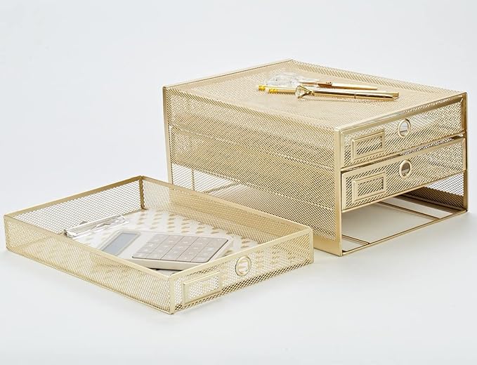 Annova Desk Organizer Wire Mesh 3 Tier Sliding Drawers Paper Sorter/Multifunctional/Premium Solid Construction for Letters, Documents, Mail, Files, Paper, Kids' Art Supplies (Gold)