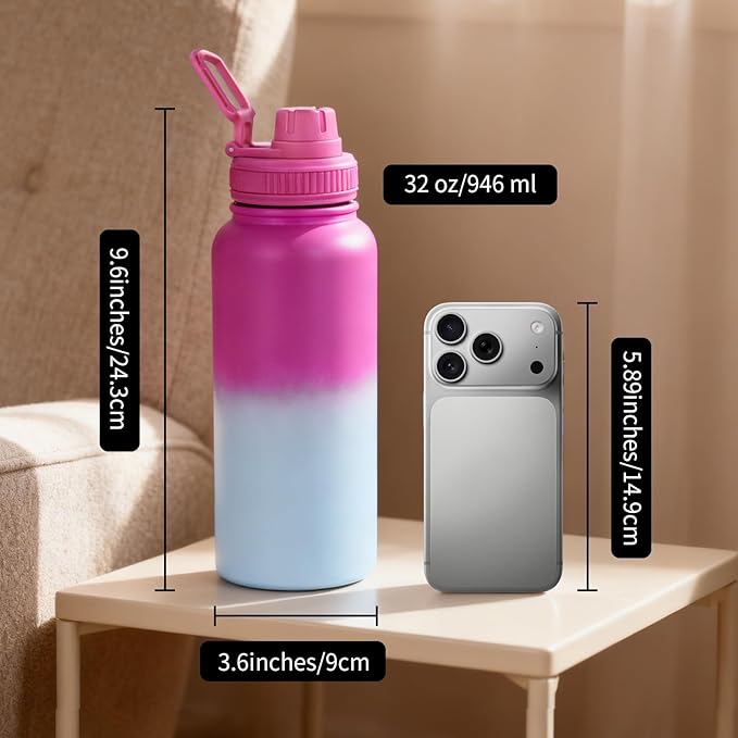Gulex Motivational Water Bottle 32oz with Time Marker- Leakproof & BPA Free Sports Water Bottle with Straw & Carry Strap for Gym, Travel and Outdoor Sports (Stainless steel insulation-PurpleBlue)