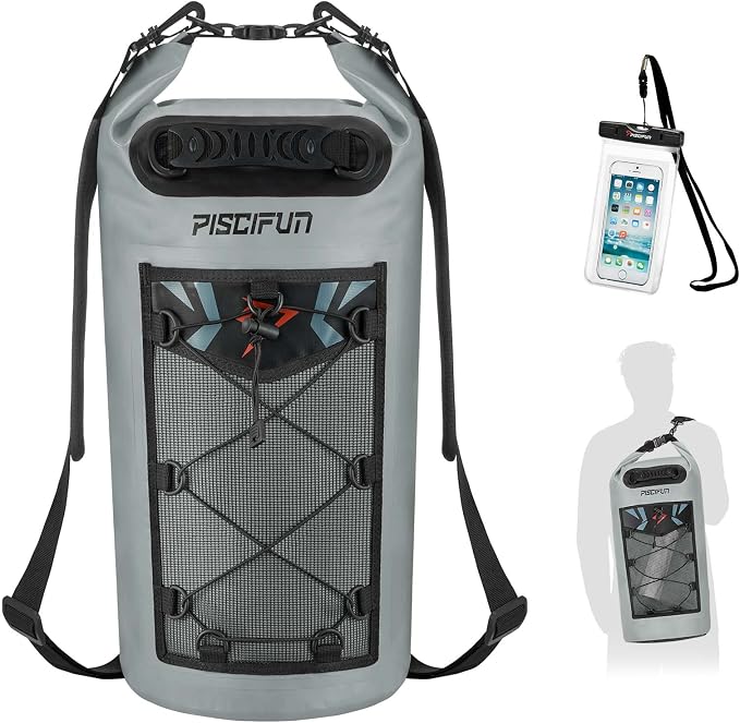 Piscifun Dry Bag, Waterproof Floating Backpack 10L/20L/30L/40L | Waterproof Phone Case, Adjustable shoulder straps, Roll-top closure keeps gear dry, Ideal for Boating, Kayaking, Fishing