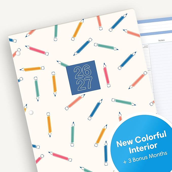 Blue Sky 2026-2027 Monthly Academic Year Teacher Planner Calendar, July 2026 - June 2027, 8.5" x 11", Coated Paper Cover, Stapled Binding, Rainbow Pencils
