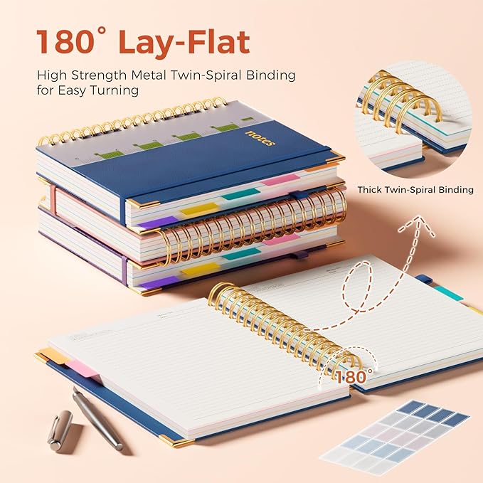 Line Hardcover Spiral Notebook with Removable Dividers Tabs & Ruler, 5 Subject Notebook College Ruled, 300 Page, Large 8"x10" B5 Notebooks for Work School, Lined Journal for Women, Noble Blue
