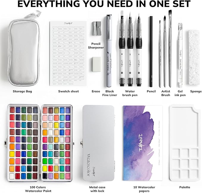 JusArt 100 Colors Watercolor Paint Set,Travel Watercolor Set with Handbag,Art Supplies with Metallic Color, Detail Painting Brushes, Water Brush Pens, Portable Watercolor Supplies for Adult, Artists, Professionals