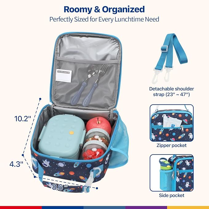 Bagseri Kids Lunch Bag with Shoulder Strap - Insulated Crossbody Boys Lunch Box for School & Travel, Reusable Large Meal Tote with Bottle Holder, Fits Bento Box, Navy Space