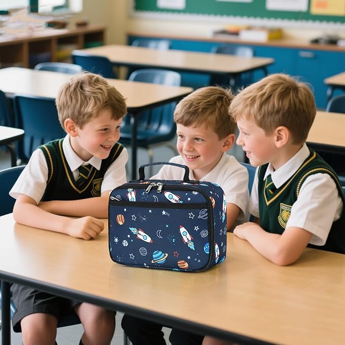 Lunch Box for Kids Boys Insulated Lunch Bags Toddler Lunch Tote Bag Thermo Picnic Cooler Bag for School Children (Spaceship-Navy Blue)
