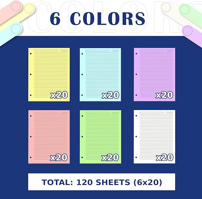 Colored Filler Paper – 8.5” x 11” College Ruled, 120 Sheets (6 Colors), 3-Hole Punched – Loose Leaf Refill for Binders, School, Planning & Journaling