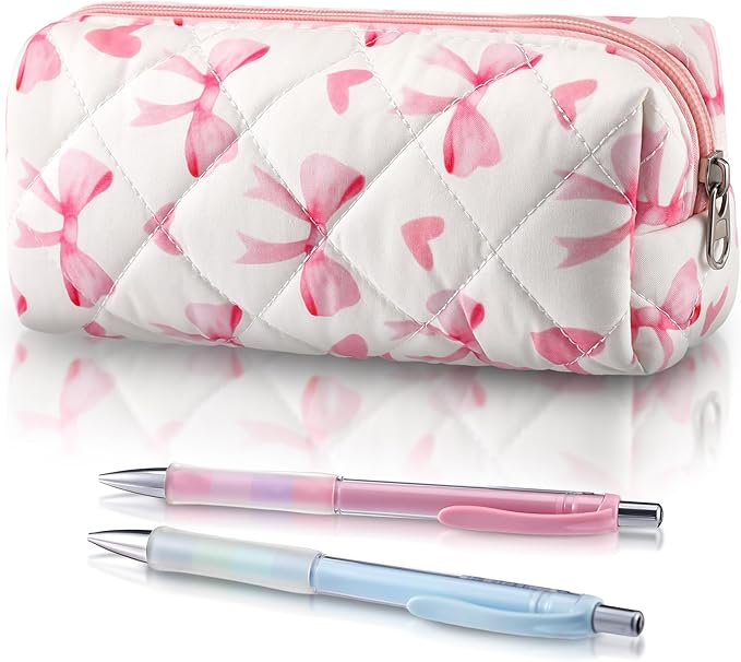 Sherr Coquette Bow Pencil Case Pink Bow Cute Pencil Pouch Soft Cotton Storage Bag Aesthetic Pattern Gift Makeup Pouch Cosmetic Travel Bag for Women