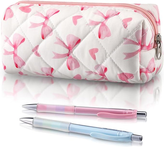 Sherr Coquette Bow Pencil Case Pink Bow Cute Pencil Pouch Soft Cotton Storage Bag Aesthetic Pattern Gift Makeup Pouch Cosmetic Travel Bag for Women