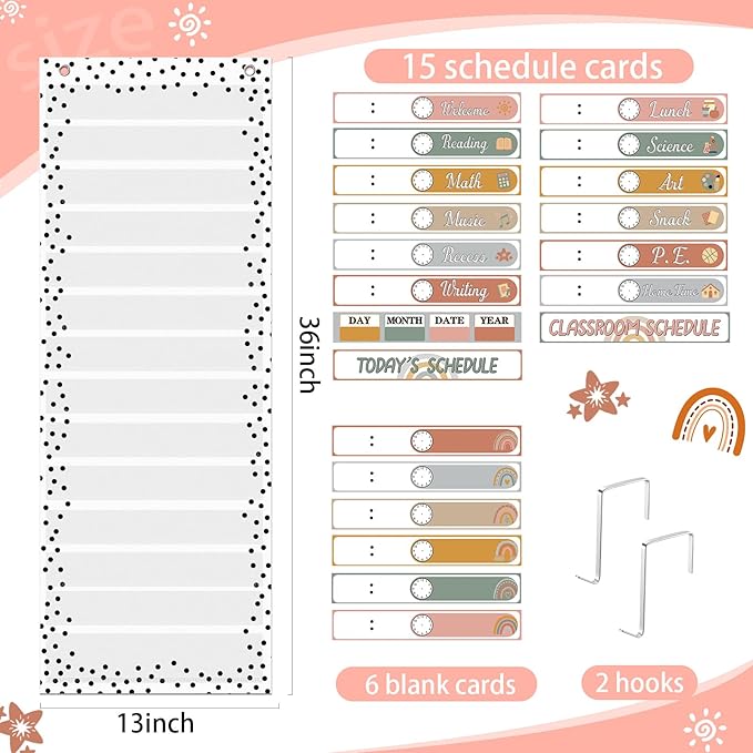 MotiMind Daily Schedule Pocket Chart for Classroom, Calendar Pocket Chart 13+1 Pockets, 21 Reusable Cards for Classroom School 13" x 36" (Soft Color,Boho)