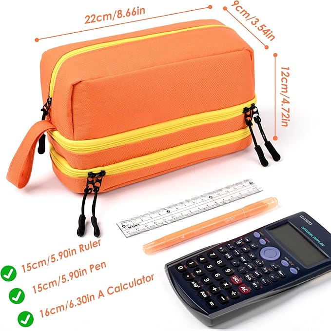 Genteen Large Capacity Pencil Case,Multifunction Pencil Pouch,Pencil Bags with Zipper 3 Compartments Pencil case organizer for or School Teen Girl Boy Men Women（Orange）
