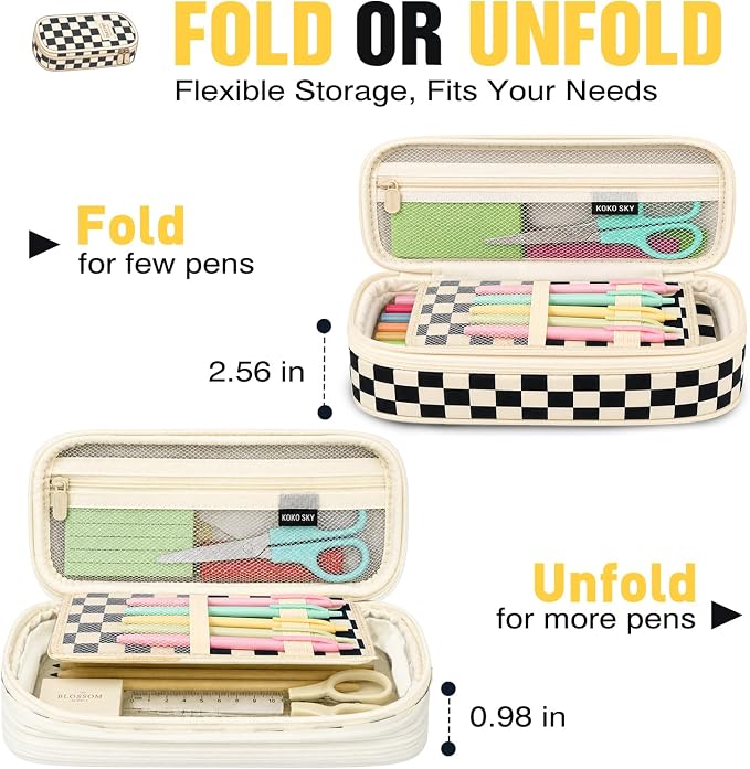 Pencil Case, Large Capacity Aesthetic Pencil Cases with Durable Zipper, Big Stationery Pencil Pouch for Women & Men , Adults Portable Storage Organizer Bag for College, Office, Travel (Black Grid)
