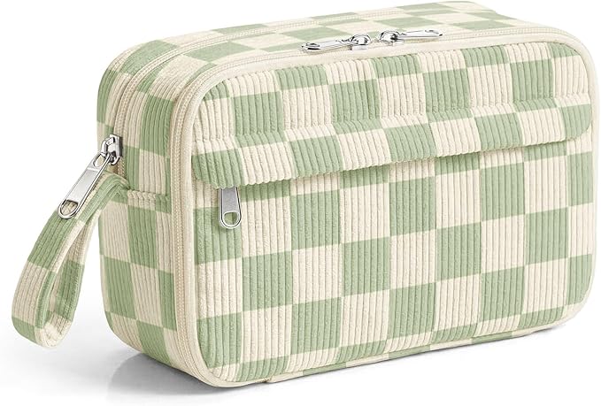 WOBAGMEN Cute Pencil Case,Large Corduroy Zippered Pencil Case Pouch, Aesthetic Pencil Bag with Compartments, Pencil Pouch School Supplies (Green checked)