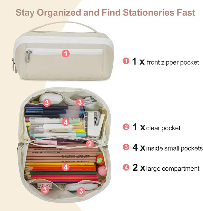Large Pencil Pouch for Teen Girls, 8 Compartments, Cream White | Large capacity pencil case, wide-opening organizer fits calculators, markers, pens; for middle school, high school, college