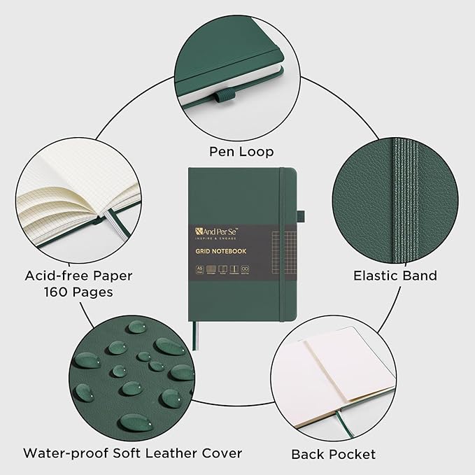 &And Per Se Graph Notebook, 5mm Grid, A5 Hardcover, 160 Pages 100gsm Thick Paper, Grid Journal for Diagrams, Wireframes, CAD Sketches (Green)