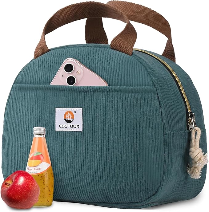 CaCTOUR Lunch Box Lunch Bag for Women Girls Teens, Cute Lunch Box Cooler Bag, Portable Small Insulated LunchBox Reusable Corduroy Lunch Tote for Work/Travel/Picnic/School (Lake Green)