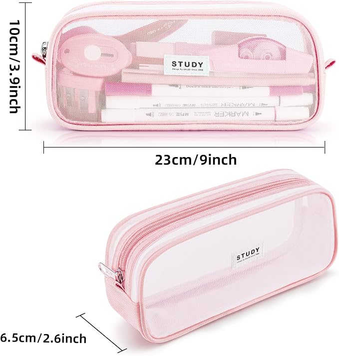 KALIDI Grid Mesh Pencil Case Pouch Large Capacity Pencil Bag with Zipper | Big Pencil Pouch Pink Simple Stationery Bag Aesthetic Pen Bag for School Teen Girl Boy Multi-Purpose Bag for Office Men Women