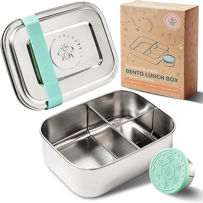 Everusely - Bento Box - Green, 27oz / 0.8 L - Stainless Steel Lunch Box with Leakproof Condiment Container - 3 Compartment Snack Organizer for On the Go Meals - Freezer & Dishwasher Safe