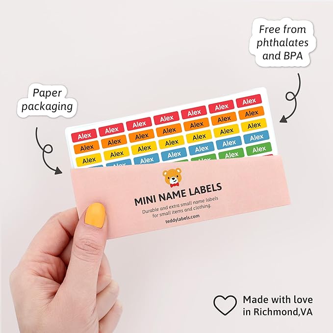 Mini Name Labels (175) - Custom Personalized Name Labels for Labeling Tiny Items, Washer and Dryer-Safe Waterproof Labels for Daycare, Preschool, and School - Rainbow