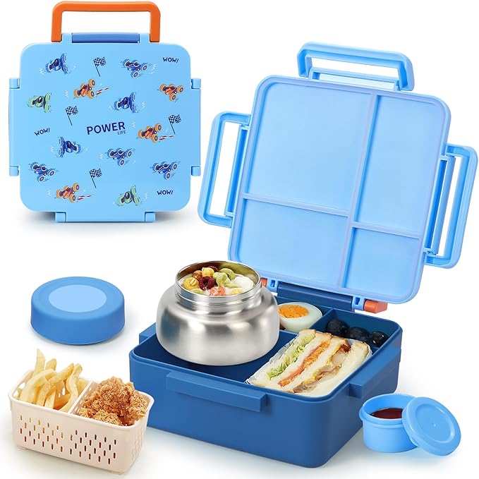 Bento Box for Kids with Thermos, [Large Capacity] Kids Lunch Box Containers with 4 Compartment for Ages 3+, Drop-Proof & Dishwasher Safe Food Container Blue