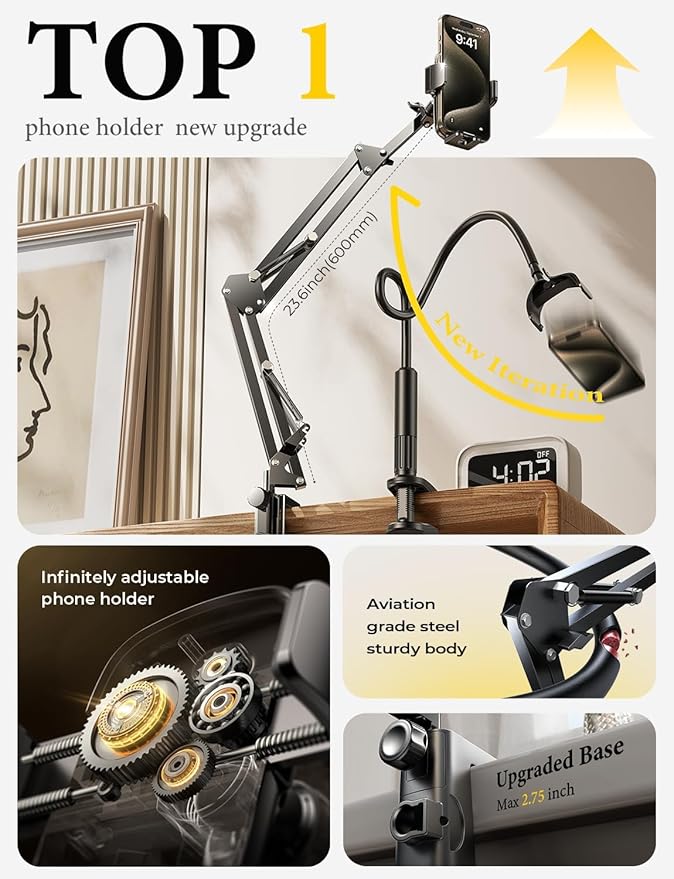 LISEN Gooseneck Phone Holder for Bed Desk [3rd Upgrade] Cell Phone Stand for Desk Bed Gaming Accessories,Gifts for Men Mom Senior Tech Mount for Recording Filming Laying Down Flexible Magic Arm Clamp