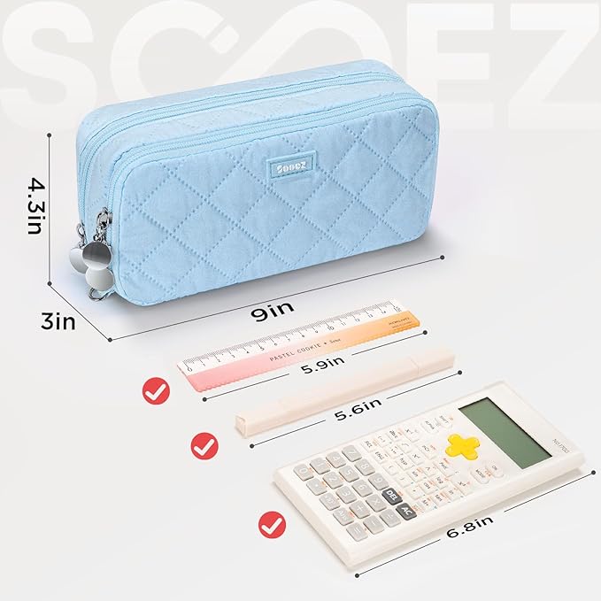 Sooez Large Pencil Case Pouch, Extra Big Pencil Bag with 8 Compartments, Pen Bag Wide Opening, Soft Quilted Pencil Pouch Organizer with Zipper, Portable Pencil Case for Teen Girls, Sky Blue