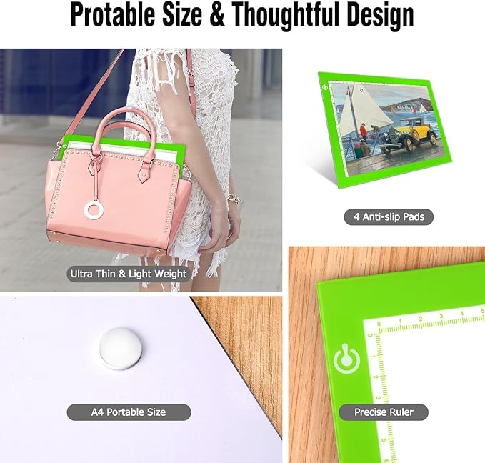Green A4 Dimmable LED Artcraft Light Box Tracer Slim Light Pad Portable Tablet, USB Power Cable Copy Drawing Board Tracing Table for Artists Designing, Animation, Sketching, Stenciling X-ray Viewing
