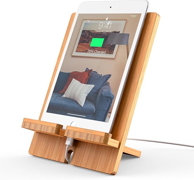Pezin & Hulin Bamboo Tablet Stand Adjustable, Desktop Cell Phone Stand Holder Dock Compatible with Pad Air/Pro/Mini, E-Reader, Smartphone (Support to 4.7-13" Devices)-Bamboo