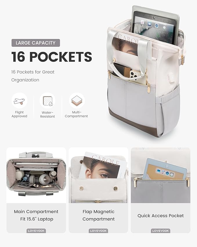 LOVEVOOK Laptop Backpack for Women, 15.6 Inch Work Laptop Bag with USB Port, Fashion Teacher Nurse Backpack Purse, Waterproof Travel Computer Backpack with Organizer Bag, 2PCS, Beige-Light Grey