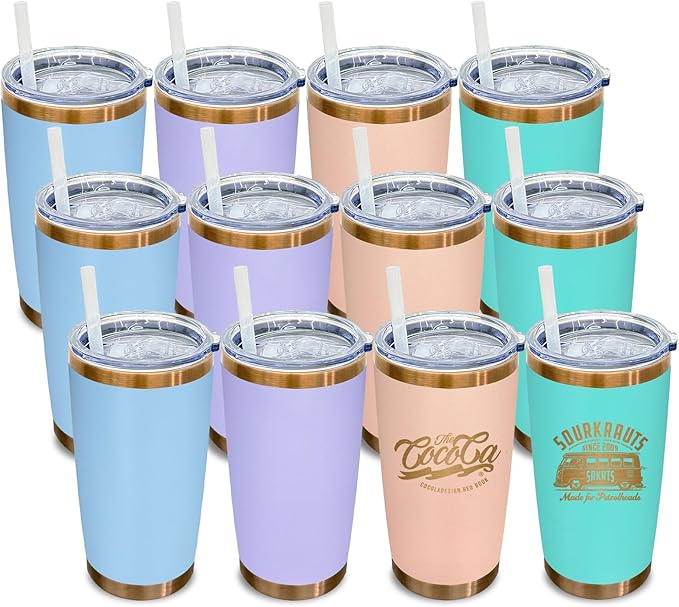 20 oz Tumbler Bulk 12 Pack Stainless Steel Tumblers with Lids and Straws, Double Wall Vacuum Insulated Travel Coffee Mug for Laser Engrave, Powder Coated Cups for Hot and Cold Drinks (Mixed C,12 pack)