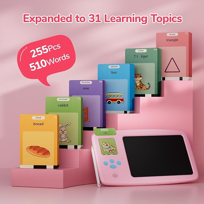 Talking Flash Cards for Toddlers: 2-in-1 LCD Writing Tablet with 510 Sight Words, Montessori Language Learning, Autism & Speech Therapy Toys for Children Ages 1-6, Pink
