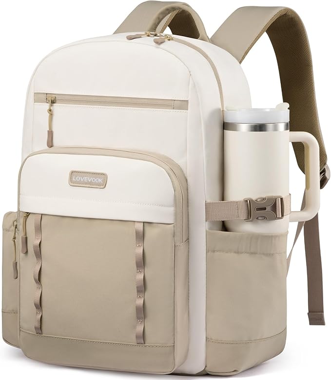 LOVEVOOK Laptop Backpack for Women with Large Cup Holder,15.6 Inch DIY Design Travel Work Backpack Computer Laptop Bag,Waterproof Nurse Teacher College Backpack Purse,Gifts for Women Men,Beige-Khaki