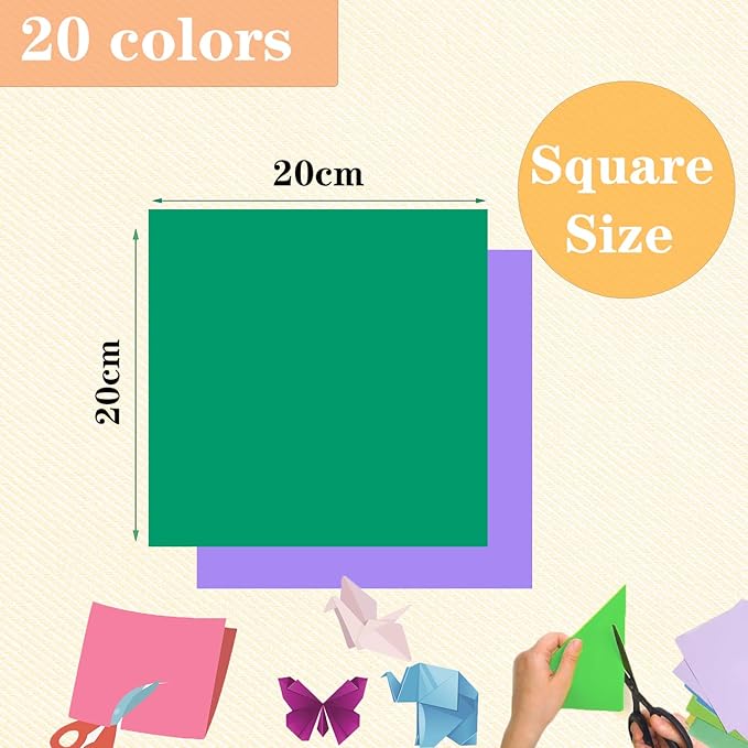 200 Sheets Origami Paper, 20x20 cm/8 Inch Origami Paper Double Sided(70gsm), 20 Colors Large Origami Paper Squares for Kids DIY School Arts Crafts Projects Children Adults