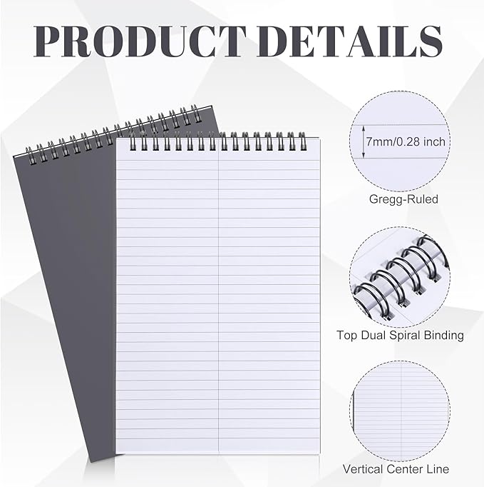 Fuyoooo 6 Pack Steno Pads Spiral 6 x 9 Inch Gregg Rule 100 Sheets Steno Notebook Top Spiral Notebook for Writing Steno Books for Office College Home Office (Grey)