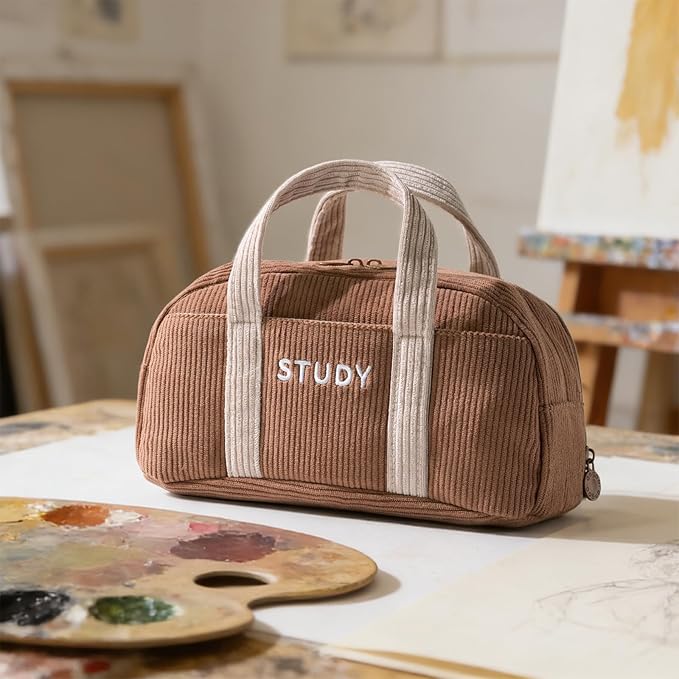 EASTHILL Corduroy Hand-held Pencil Case Large Cute Pencil Pouch Stationery Pen Bag for Teen Girls-Brown