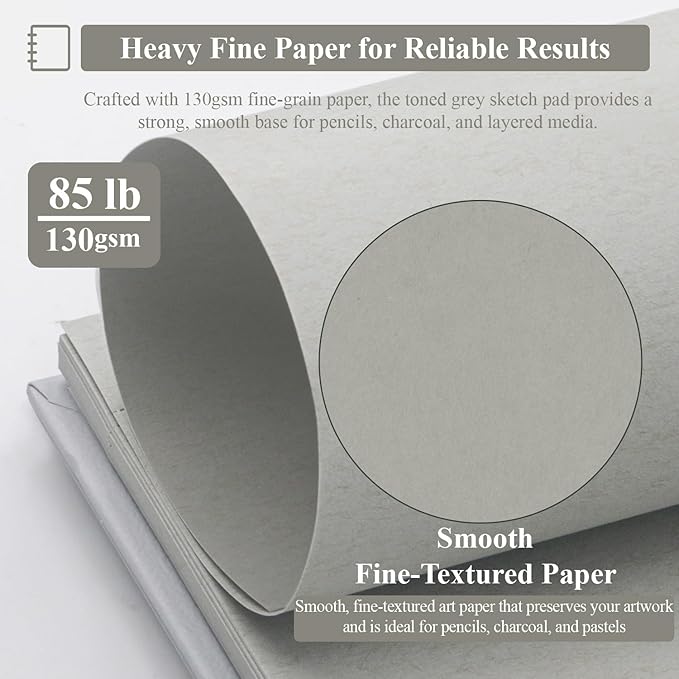 SuFly Gray Toned Sketch Pad, 11" x 14" - 60 Sheets Spiral Bound Sketchbook, 85lb/130gsm Toned Gray Paper for Graphite, Charcoal, Colored Pencils and Gel Pens.