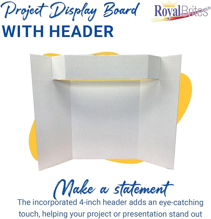 Royal Brites Tri-fold Corrugated Project Board with Header 36" x 48", 1 Ply Tri-Fold Project Board w/Built-in 4” Header for School & Work Presentations, Science Fair Display Boards, White, Pack of 12
