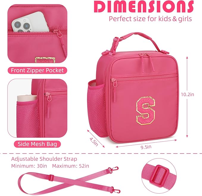 Initial Insulated Lunch Bag for Girls Kids, Back to School Gift, Reusable Leak-proof Lunch Box with Adjustable Strap for School Daycare Travel Picnic (Rosy Red,S)