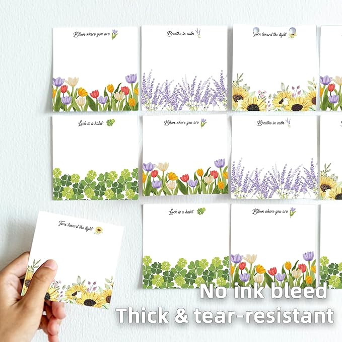 Cute Floral 4-Pad/200 Sheets 3x3in Sticky Notes Set, Adorable Memo Pads with High-Adhesive, Reusable Tearable Post it Notes for Journal Planners Office School Home, Bulk Stationery Gift