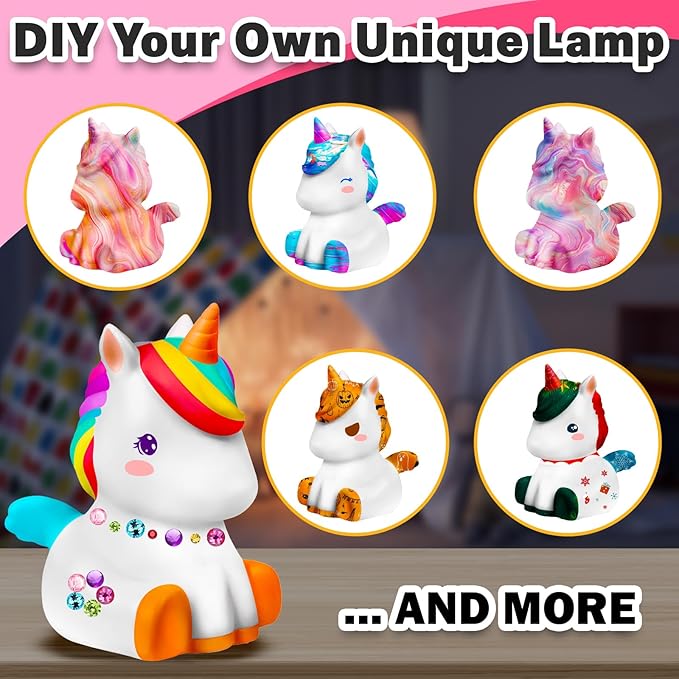 FUNZBO Paint Your Own Unicorn Lamp Kit - Arts and Crafts Supplies Painting Kits for Kids Teens, DIY Night Light Unicorn Toy for Toddlers Girl Boy Age 3 4 5 6 7 8 9 10 11 12 13 Christmas Birthday Gifts