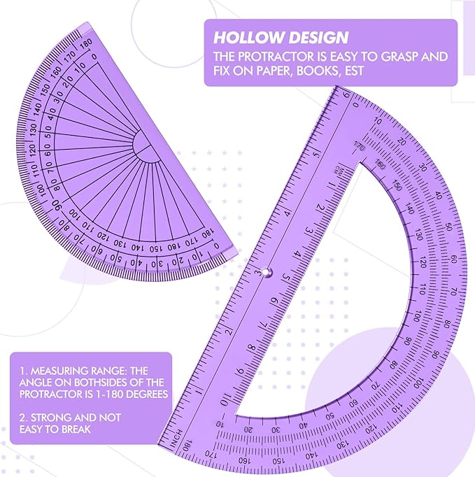 EBOOT 2 Pcs Plastic Protractor Clear 180 Degrees Transparent Protractor for Geometry, 4 Inch and 6 Inch (Purple)