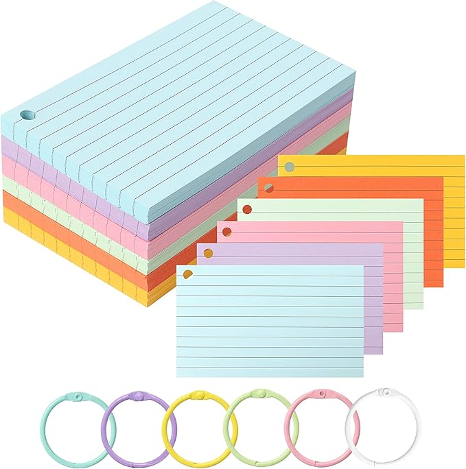 JUNART 300 pcs Index Cards(6 Colours × 50 Pages) with 6 Binder Rings, Perforated Colourful Flash Cards for Study Notes, Office, Home, etc