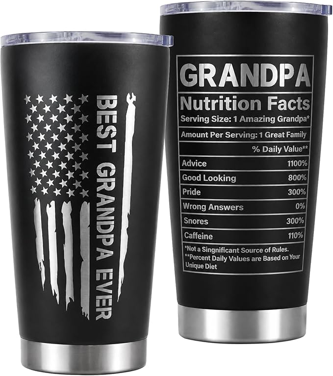 CYYFXKY Best Grandpa Ever 20oz Stainless Steel Tumbler, USA Flag Funny Nutrition Facts Insulated Travel Mug, Fathers Day Birthday Gift for Grandpa Men