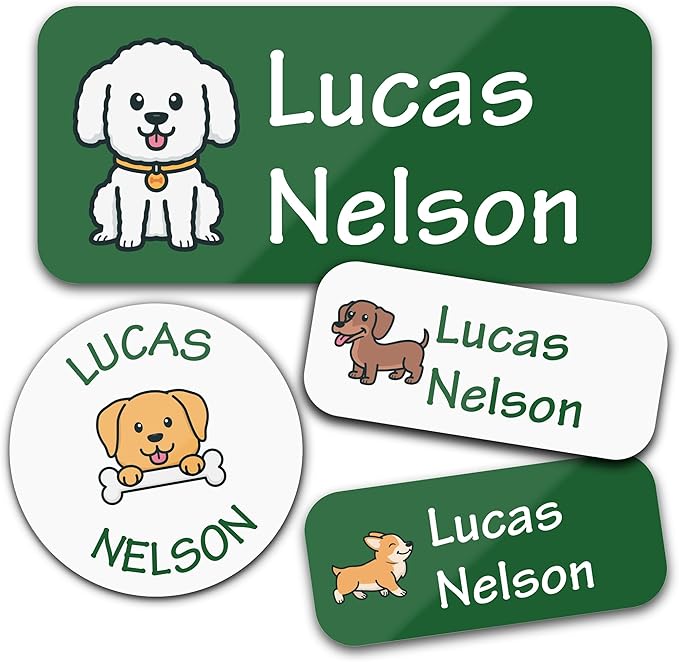 Bunny Badges Personalized Daycare Name Labels for Kids (130 Labels) - Custom Waterproof Name Stickers for Clothing Tags, Water Bottles, Lunch Boxes and School Supplies (Dogs)