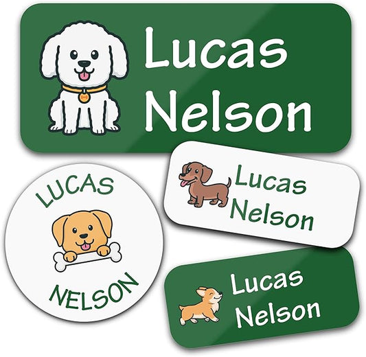 Bunny Badges Personalized Daycare Name Labels for Kids (130 Labels) - Custom Waterproof Name Stickers for Clothing Tags, Water Bottles, Lunch Boxes and School Supplies (Dogs)