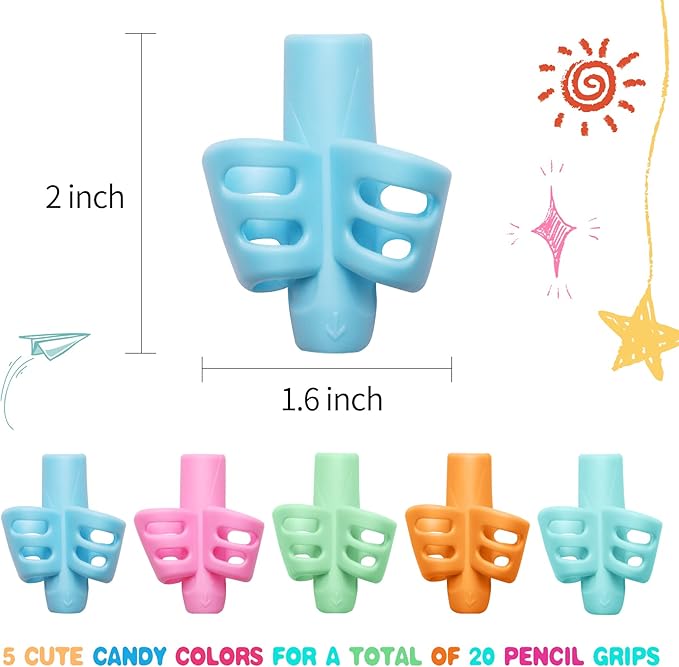 KIGEAPUEL 20 Pcs Pencil Grips for Kids Handwriting Ergonomic Training Pencil Holder Writing Tool for Toddlers, Preschoolers, Children Special Needs Colorful School Supplies(2 Fingers)