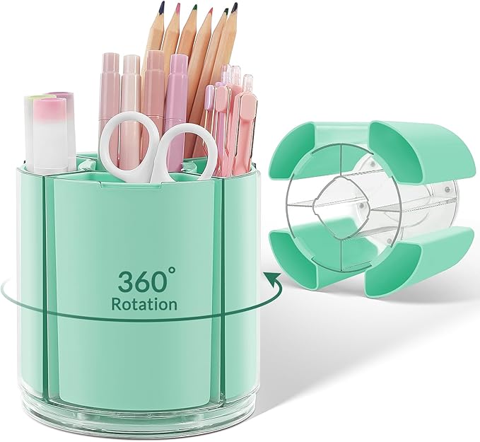 KONVINIT Green Pen Holder for Desk, 5 Slots 360° Rotating Pen Organizer, Cute Desk Organizers and Accessories for School, Home, Office and Art Supply