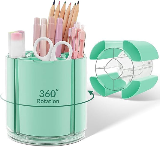 KONVINIT Green Pen Holder for Desk, 5 Slots 360° Rotating Pen Organizer, Cute Desk Organizers and Accessories for School, Home, Office and Art Supply