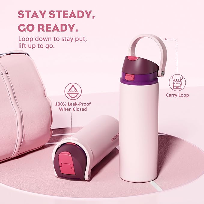 POWCAN 24 oz Stainless Steel Water Bottle: 2-in-1 Push-Button Spout & Quick-Flip Straw, Leakproof, Cold 24 Hrs, Fits Car Cup Holder, Insulated Bottle for Gym, School, Travel, Outdoor Gift (Plum Field)