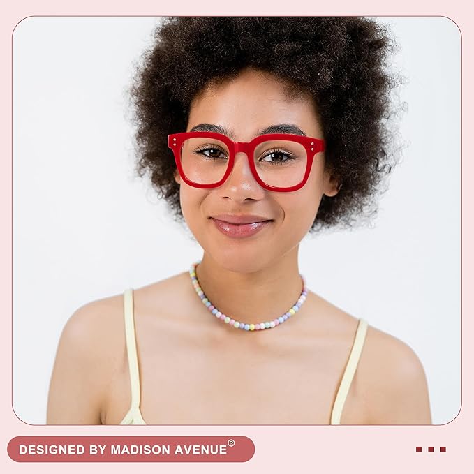 Madison Avenue Blue Light Blocking Glasses Oversized Fashion Blue Light Glasses for Women Anti Eyestrain & UV Protection Computer Eyeglasses (Red)