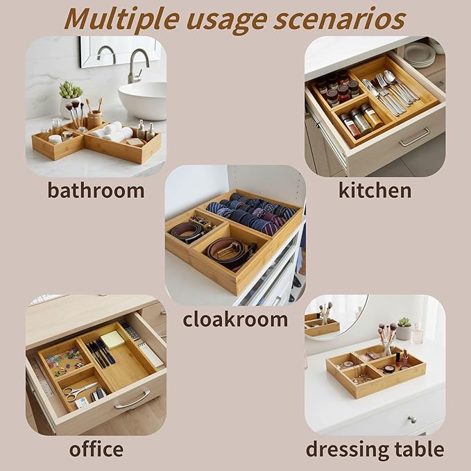 Bamboo Drawer Organizer 11.8x5.9x2.4 Inch | Rectangle Drawer Divider & Utensil Tray for Kitchen, Bathroom, Office, Makeup & Jewelry