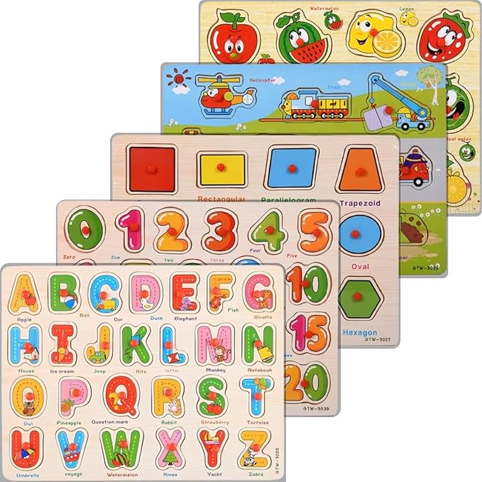 5-Pack | Alphabet, Numbers, Shapes, Vehicles & Fruits Wooden Puzzles for Toddlers 3-5 Years Old – ABC, 1-20, Shape, Vehicle & Fruit Learning Toy with Puzzle Board & Blocks, Educational Toy Gift